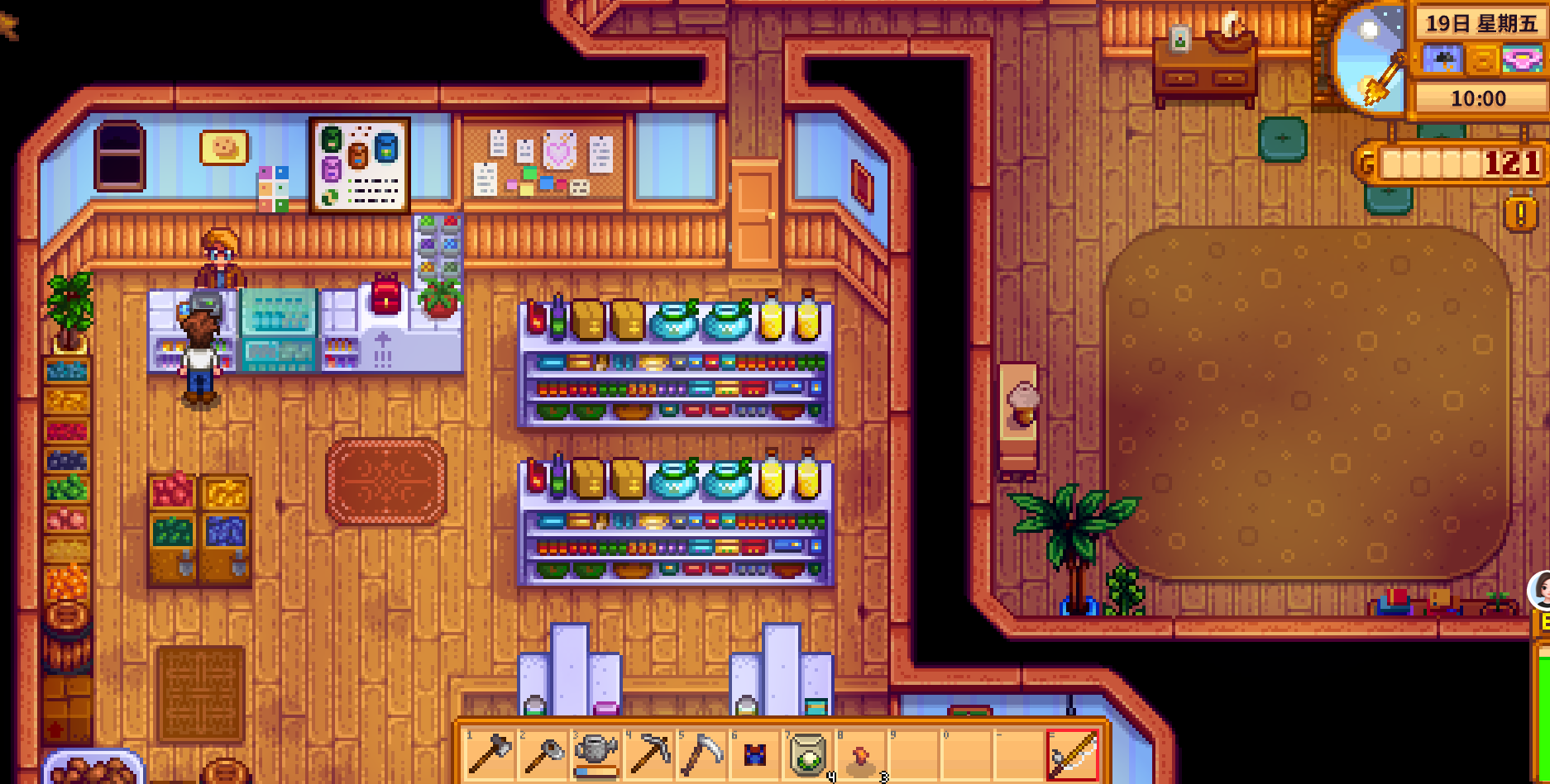 Inside Pierre’s General Store; player at the counter with Pierre on an open morning