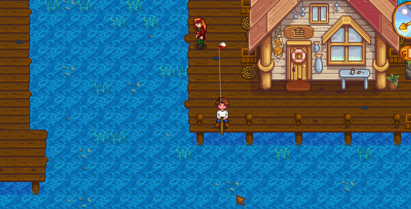 Stardew Valley beach pier: player casting with bobber in the water beside Willy’s Fish Shop