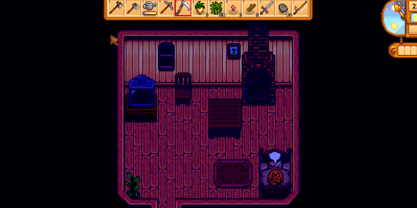 Stardew Valley Year 1 sleeping in bed with pet cat before 2am pass-out