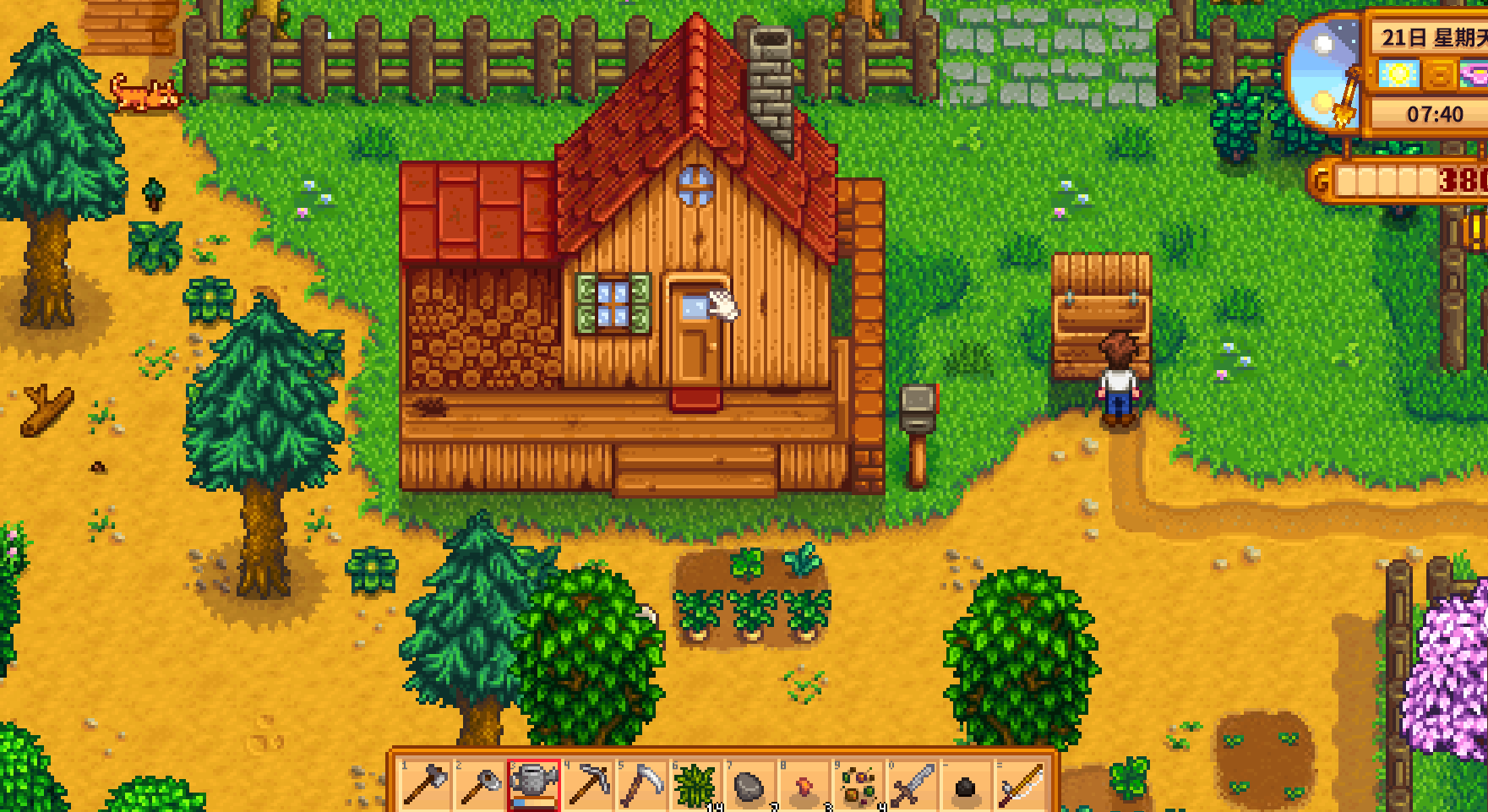 Stardew Valley player at the shipping bin beside the farmhouse