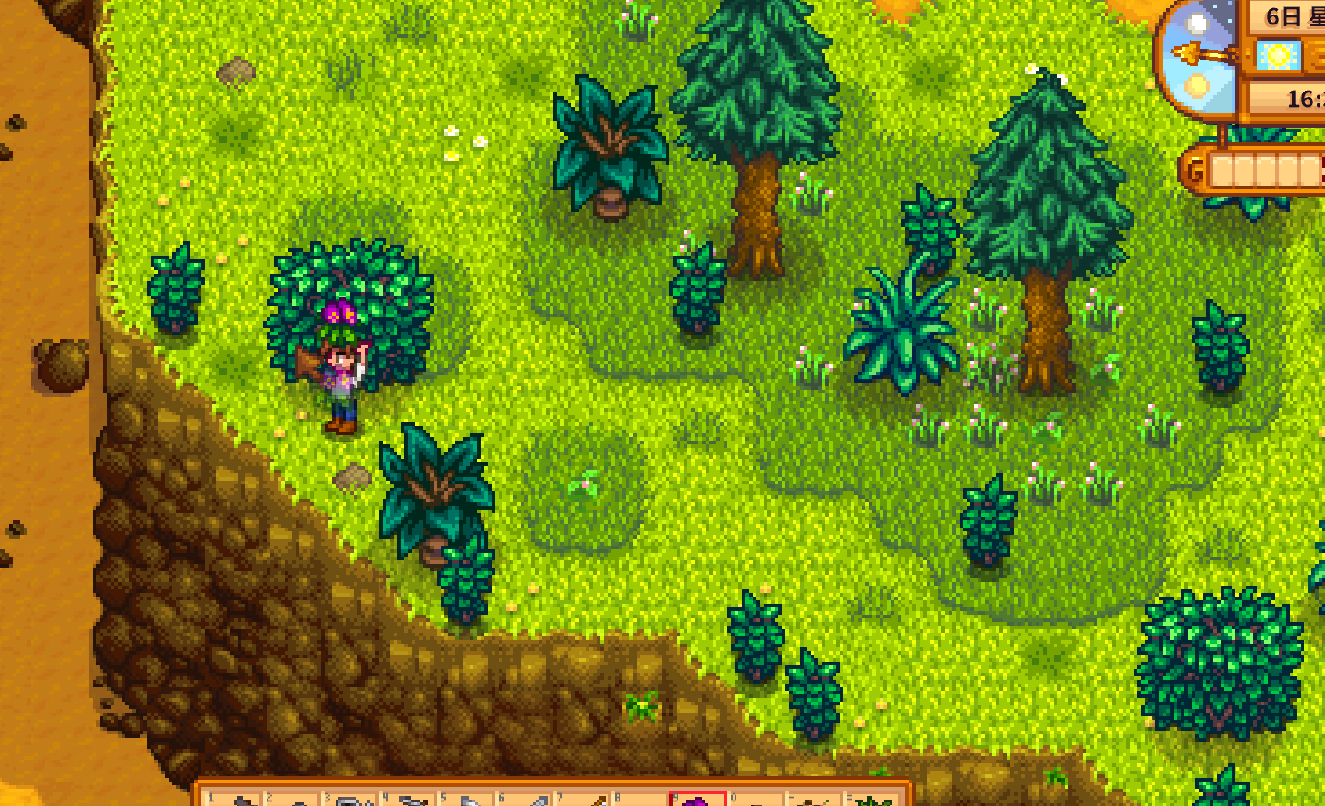 Stardew Valley Year 1 spring foraging salmonberries after shaking bushes in Cindersap Forest