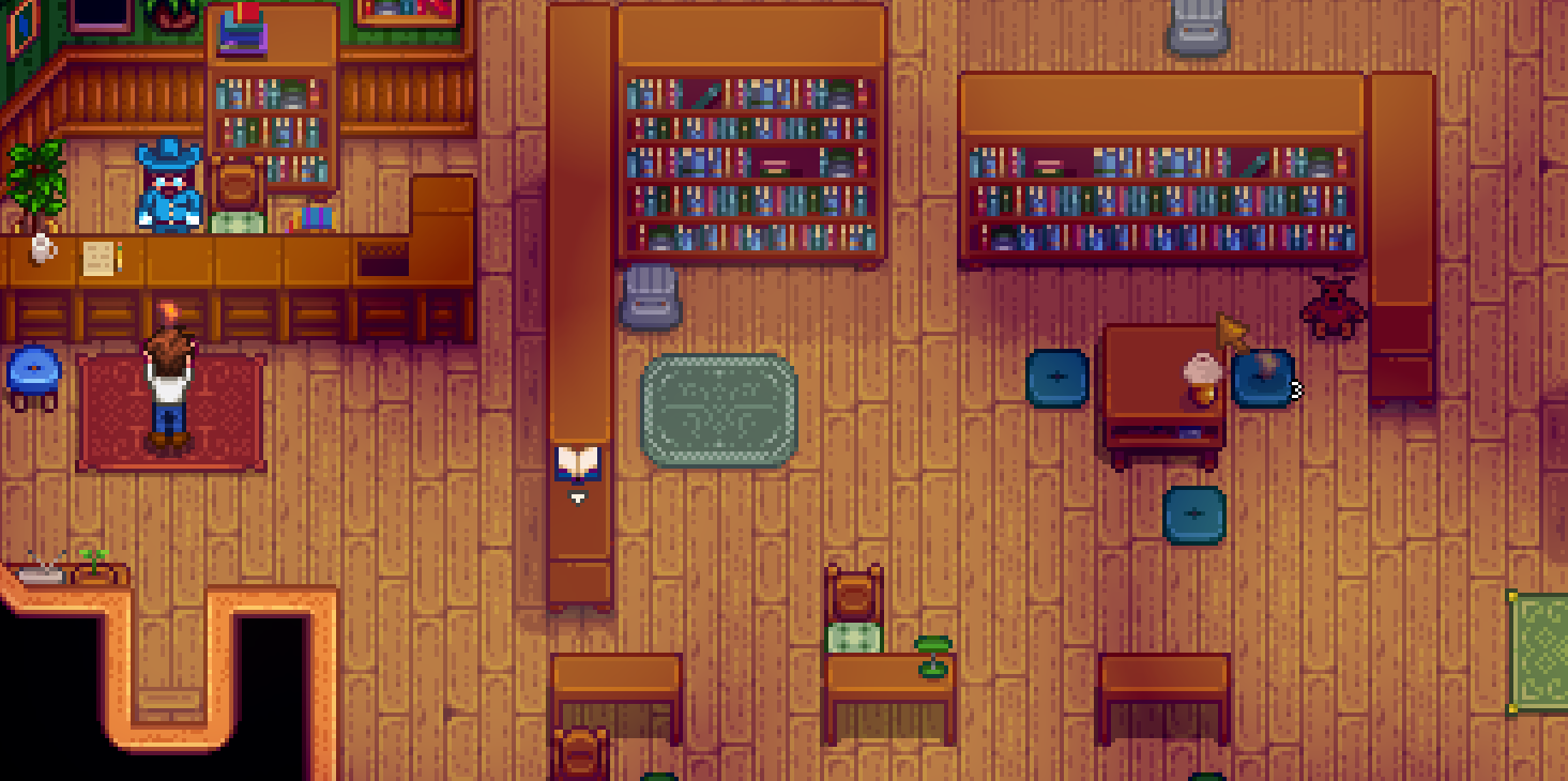 Stardew Valley museum library interior: player donating an item to Gunther