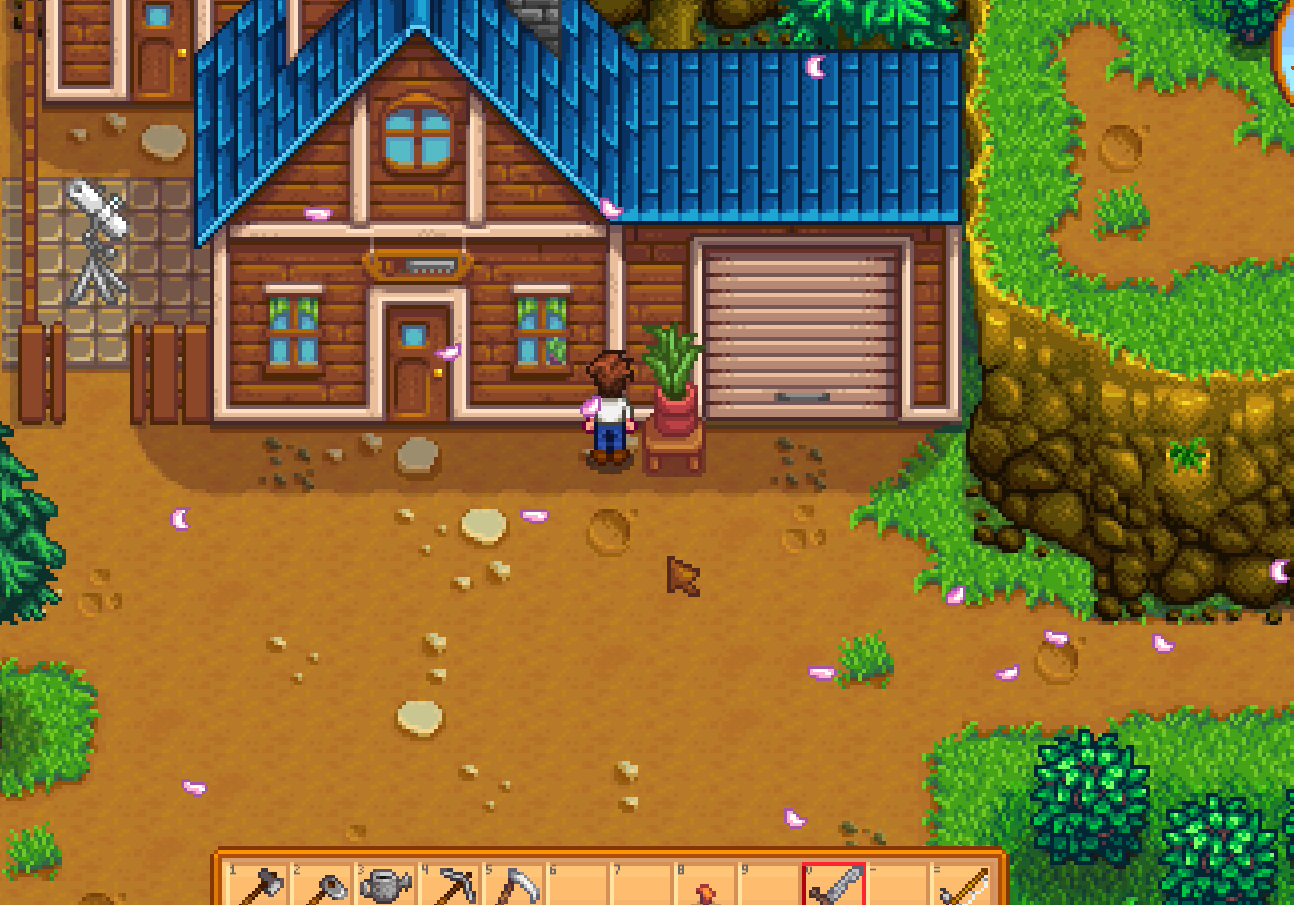 Stardew Valley Year 1 Robin carpenter house exterior in the mountains with blue roof
