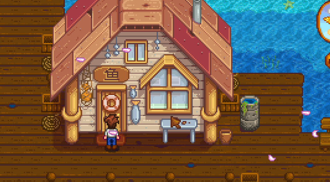 Stardew Valley Willy’s Fish Shop exterior on the beach pier