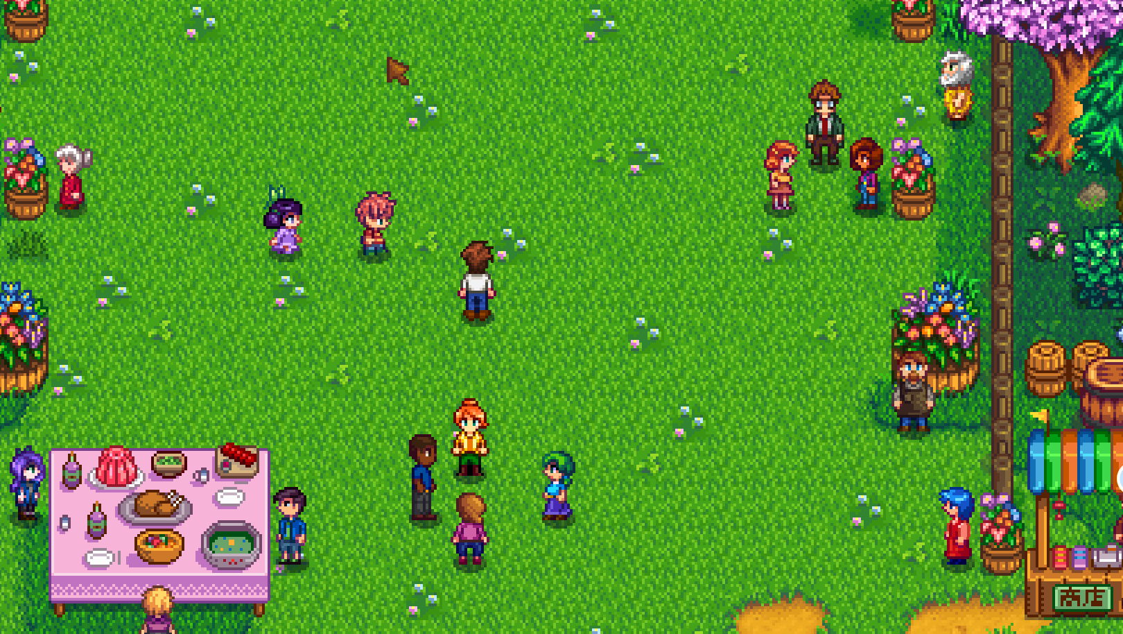 Stardew Valley Flower Dance festival crowd — Year 1 social day for talk and optional gifts