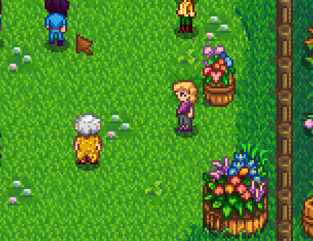 Stardew Valley Flower Dance decorations and villagers near flower barrels