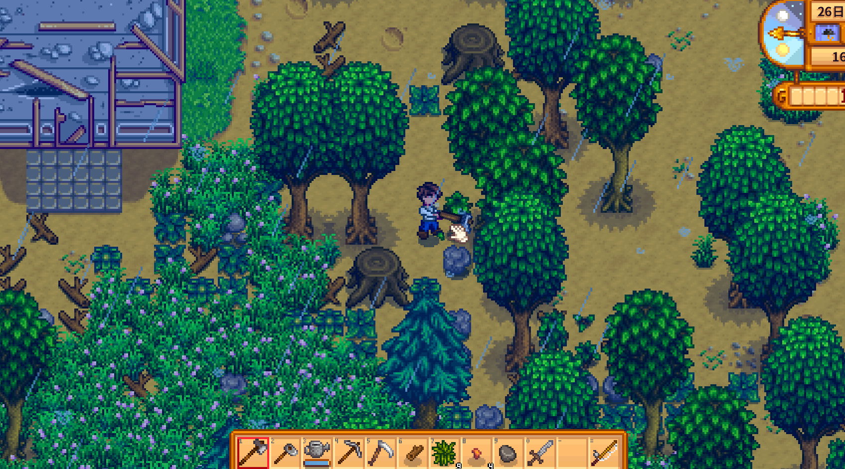 Stardew Valley Year 1 chopping wood on the farm for carpenter building materials