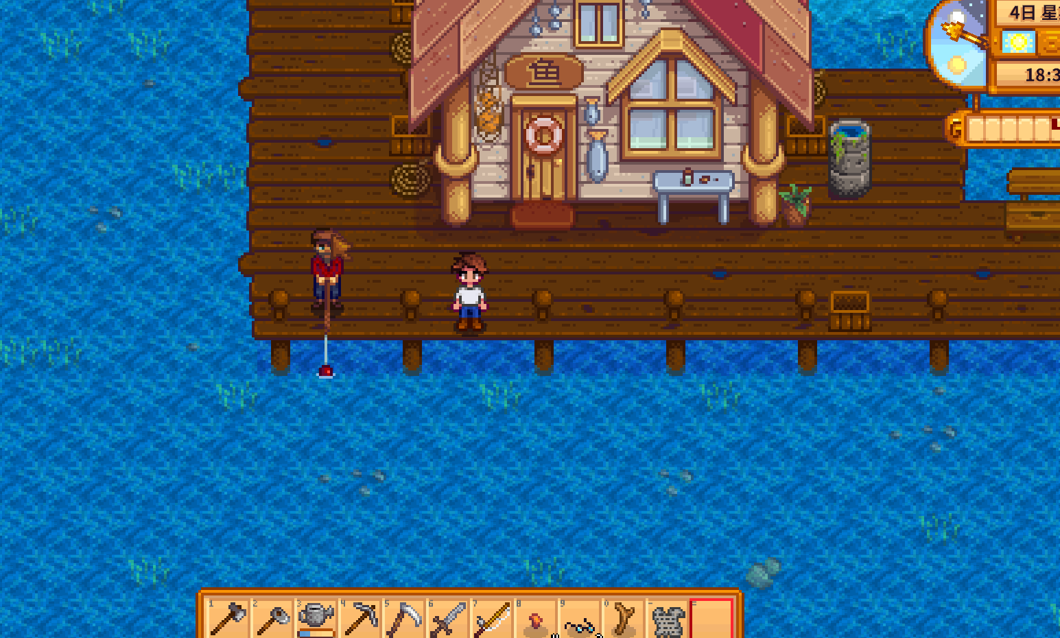 Stardew Valley beach dock with Willy fishing beside his shop