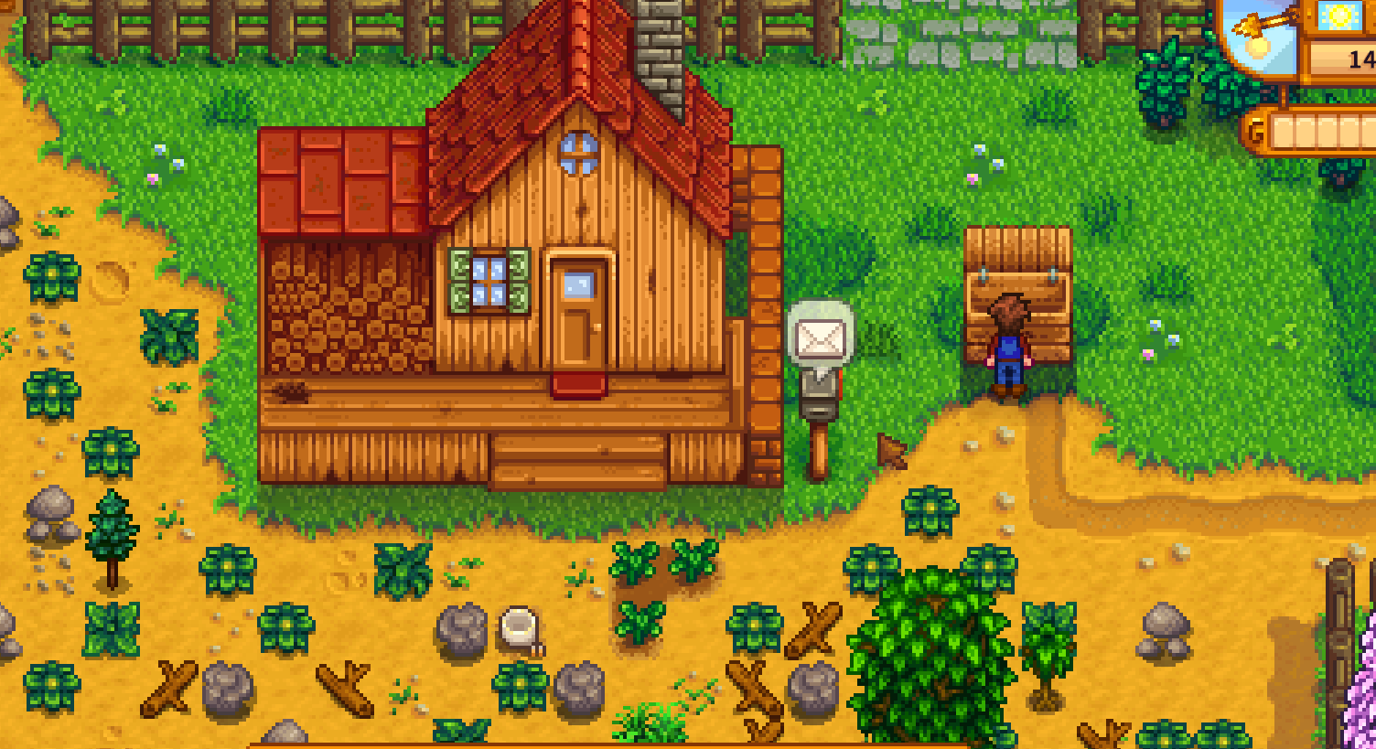 Stardew Valley farmhouse with player standing at the wooden shipping bin used to sell items overnight