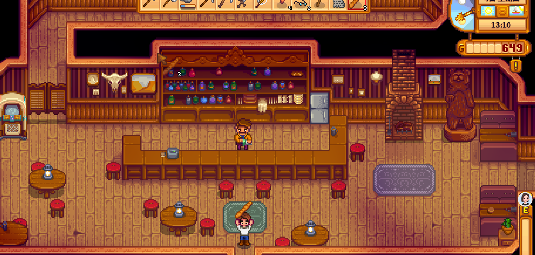 Stardew Valley Stardrop Saloon interior: player holding purchased bread near Gus