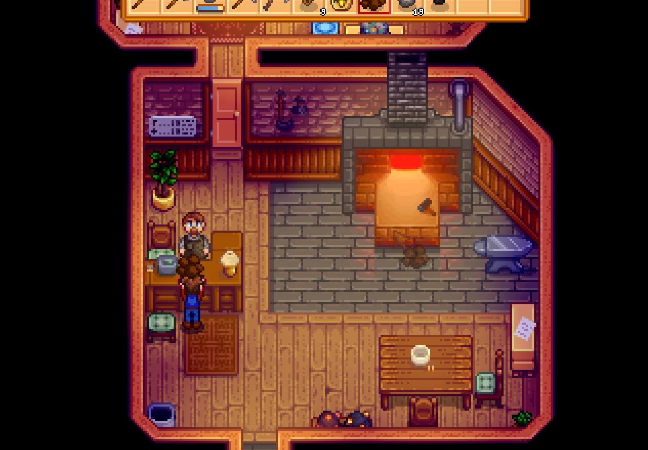 Stardew Valley Year 1 Clint blacksmith counter for tool upgrades and geode cracking