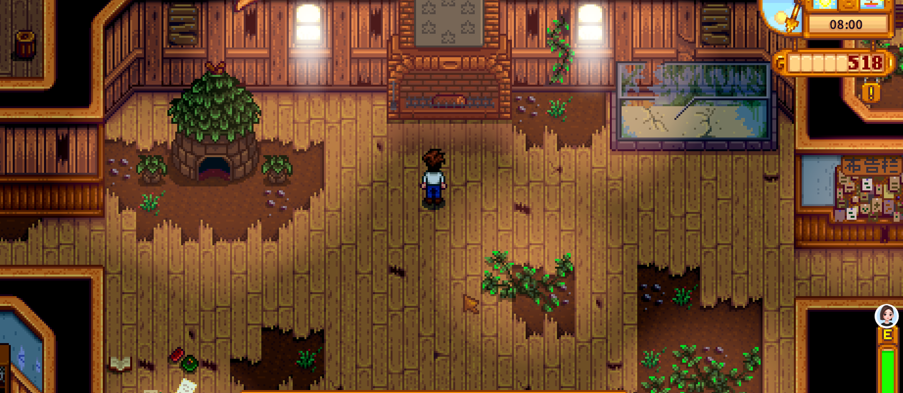 Stardew Valley Community Center interior hall with cracked fish tank, fireplace stars, and Junimo note on the floor